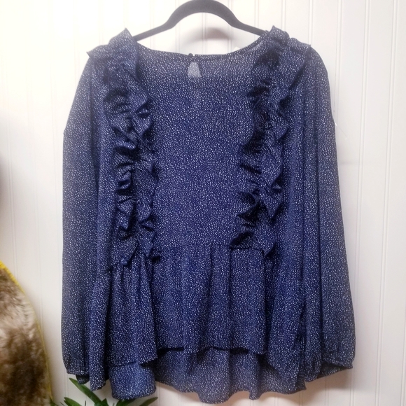 H&M Tops - H&M Navy & White Speck Ruffle Blouse Size 10